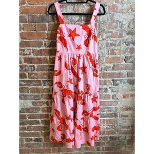 J.CREW • Pink/Red Lobster & Starfish 1” Strap Sleeve Tiered Midi Sundress • Ladi